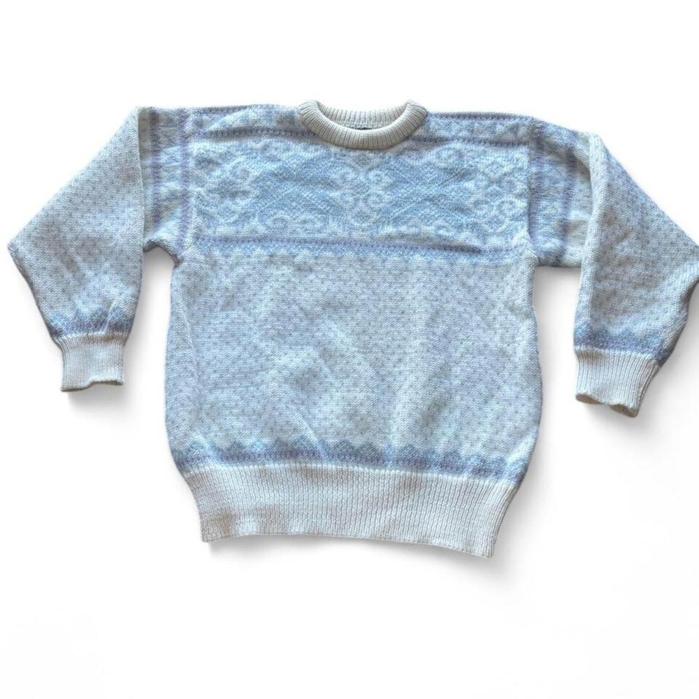 Dale of Norway Vintage Pure Wool Fair Isle Sweater Light Blue White XL 46